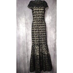 Jovani Black Lace Nude Illusion Evening Dress Sz M Floor Length Gown Formal Prom